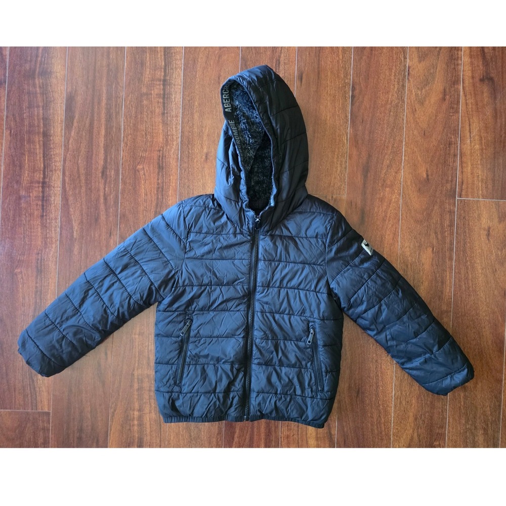 Abercrombie Kids Black Puffer Jacket Faux Fur Lined Hooded Coat Size 7/8
